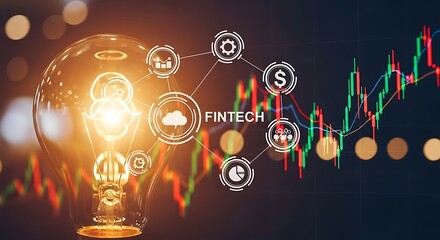 A glowing lightbulb with connected icons representing financial technology and market analysis.