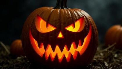 Menacing Jack-o'-Lantern Close Up Sinister Smile with Toothy Grin Glowing Intensely in the Dark