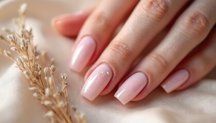 Close-up of elegant hand with manicured nails in delicate milky pink hue, resembling glazed donut. Soft, clean finish suggests luxurious spa session, body care. Tiny sparkles add subtle shimmer,