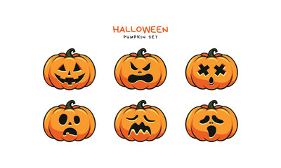 Halloween pumpkin set illustrating six basic human emotions: happiness, anger, surprise, fear, sadness, and disgust. Perfect for spooky designs, seasonal decorations, party invitations and autumn fest