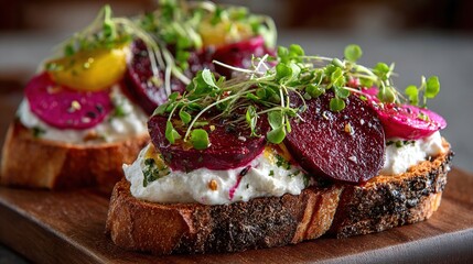 Two toasts topped with beets, cheese, and microgreens on a wooden board