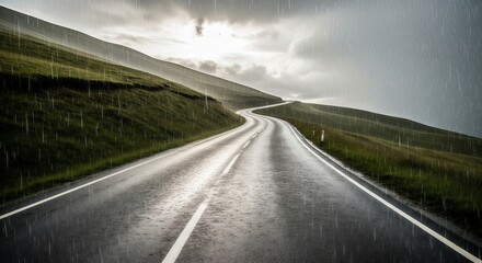 Empty Winding Road on a Rainy Day Through Green Hills