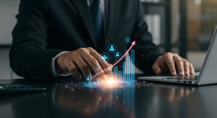 Business Growth and Success: Analyst Interacting with Futuristic Financial Data Visualization