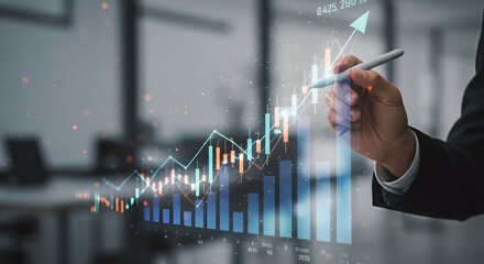 Business Growth and Financial Success: Hand Analyzing Upward Stock Market Trend