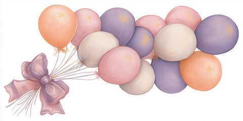 Colorful watercolor illustration of a cluster of balloons in various shades, tied together with a delicate ribbon, symbolizing celebration and joy in a festive atmosphere