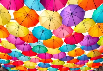 Hundreds of colorful umbrellas create a vibrant canopy overhead,  public art,  festival