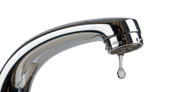 Leaky chrome faucet with a single drop of water isolated PNG with Transparent Background