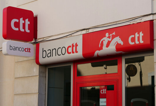 Portugal, Loul&eacute;, August 09. 2025, logo or sign of CTT and Banco CTT, Portugal's national postal service and the banking division of CTT.