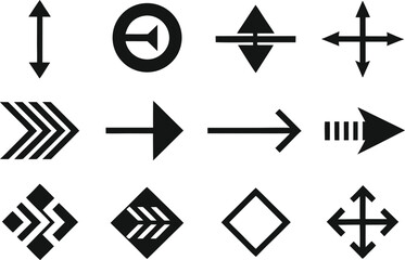Collection of various black arrow and directional icons on white background
