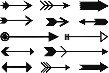 Collection of diverse black arrow icons on a white background
