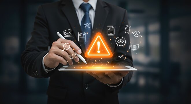Business Person Interacting with Digital Warning and Icons - Powered by Adobe
