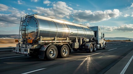 Shiny chrome tanker truck driving on a highway under a dramatic cloudy sky with sunbeams