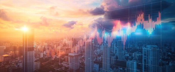 Skyscrapers with superimposed financial charts, symbolizing real estate market trends on a cloudy sky background, concept of market analysis