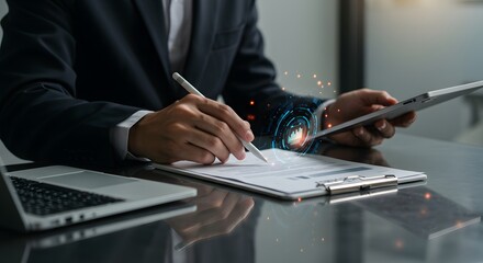 Business Professional Analyzing Financial Data on Digital Interface with Tablet and Laptop