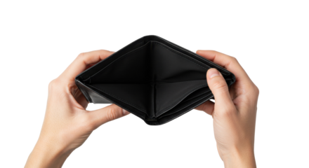 Empty wallet held by hands concept isolated PNG with Transparent Background