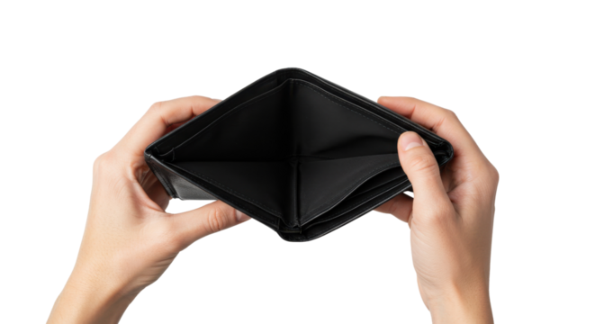Empty wallet held by hands concept isolated PNG with Transparent Background