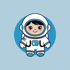 Adorable astronaut with a big smile, wearing a colorful space suit and floating in a starry sky filled with bright planets.