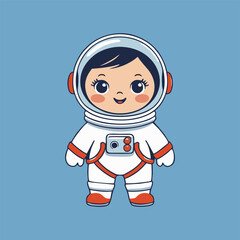 Charming astronaut character with wide eyes and a playful expression, exploring a whimsical planet surrounded by friendly aliens.