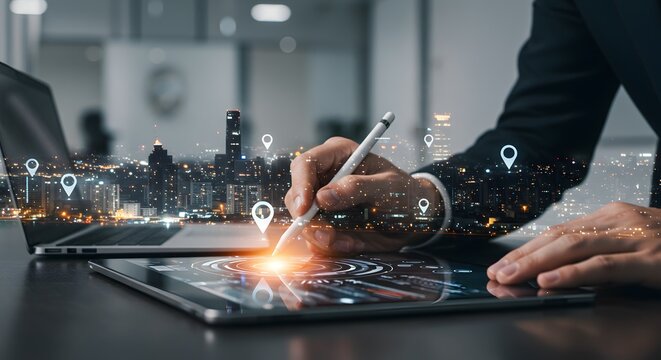 Business Professional Using Digital Tablet with Cityscape Overlay and Location Pins