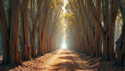 Symmetrical eucalyptus tree plantation forms natural tunnel with straight dirt path leading to bright horizon. Tall trees line lane, creating sense of orderly growth and sustainable forestry.