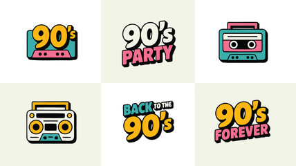 Retro 90s Nostalgia Cassette Tapes, Boombox Radios, and Party Slogans for a Throwback Vibe