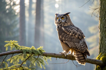 Obraz premium Great Horned Owl perched on a pine branch in a misty forest. A majestic bird of prey with yellow eyes, backlit by beautiful morning sunlight