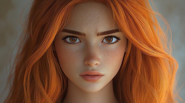 Orange-haired muse: A 3D ultra-realistic portrait with a cartoon aesthetic, conveying anger. 