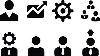 Manager icon set. Containing leadership, supervision, hiring, coaching, management, development, organization, teamwork and delegation icons. Solid icons collection. Vector illustration.