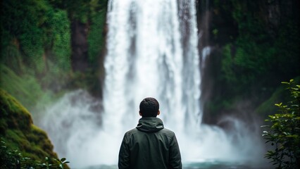 Obraz premium Man gazes at majestic waterfall, a moment of awe and natural wonder in lush green surroundings