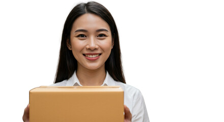 Smiling asian woman holding cardboard box for delivery isolated PNG with Transparent Background