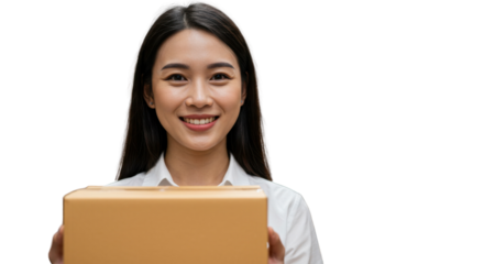 Smiling asian woman holding cardboard box for delivery isolated PNG with Transparent Background