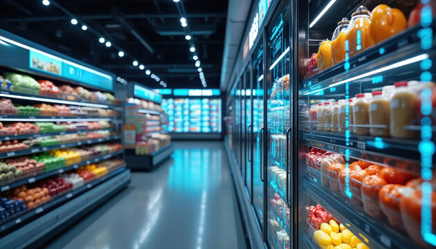 Futuristic grocery store aisles display produce on illuminated shelves. Refrigerated units showcase drinks, packaged goods with digital inventory data. Smart retail environment uses IoT for efficient