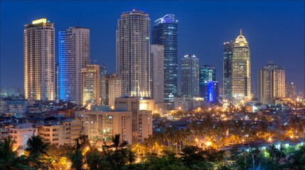 Obraz premium Bright lights illuminate the Makati Business District, showcasing skyscrapers against a deep blue night sky. Palm trees provide a contrasting green, enhancing the urban beauty of Manila.