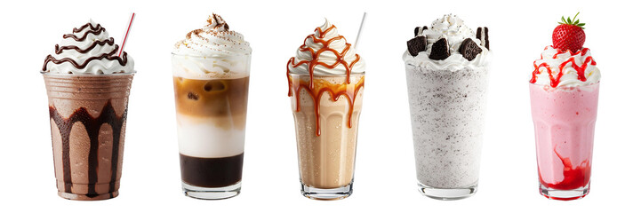 PNG set of five milkshakes in tall glasses with whipped cream toppings including chocolate drizzle caramel macchiato caramel coffee cookies, cream & strawberry with cherry garnish on white background