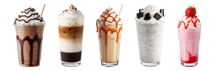 PNG set of five milkshakes in tall glasses with whipped cream toppings including chocolate drizzle caramel macchiato caramel coffee cookies, cream & strawberry with cherry garnish on white background