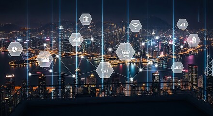 Overlooking a cityscape at night with digital icons overlaying the scene, illustrating technology.