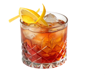 godfather cocktail with lemon twist garnish isolated on background white