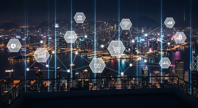 Overlooking a cityscape at night with digital icons overlaying the scene, illustrating technology.