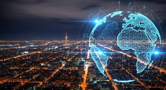 Digital globe overlaying a cityscape at night, illuminated with city lights and connected by network lines.