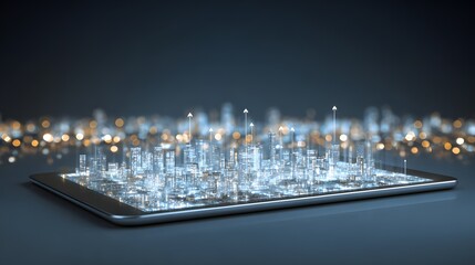 Digital city model displayed on a tablet.