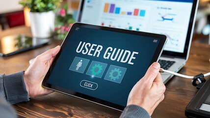 Person holding a tablet displaying a digital user guide with icons and text in front of a laptop with charts and graphs