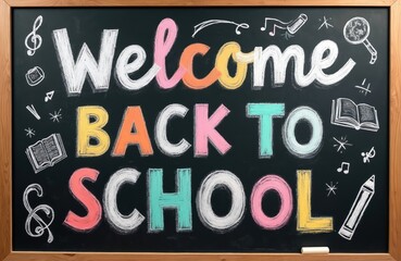 Colorful chalk lettering announces Welcome Back to School on blackboard surrounded by drawings of books, music notes, crayon. Festive image captures excitement, preparation for new academic year.