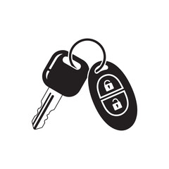 Car key with remote fob icon. Black silhouette of a vehicle ignition key and electronic alarm system. Vector symbol for automotive security, isolated on white.

