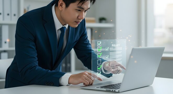 Businessman checking policy compliance on digital checklist via laptop