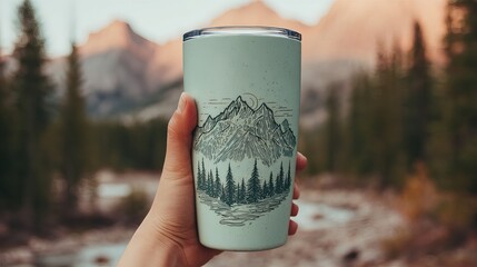 Hand holding adventure tumbler with mountain design against stunning mountain backdrop for nature lovers