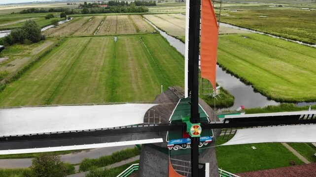 Aerial view of historic windmills at Zaanse Schans, Netherlands.