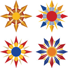 Sun icons. Sun vector icon set in black color isolated set. Set of 16 suns icon collection in black and yellow color. Solar summer icon isolated on white background. Flat design. Vector illustration.
