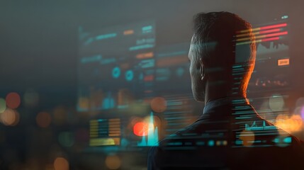 Person looking at a digital interface with data visualizations.