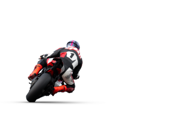 rear view of a red-black sport motorcycle leaning into the corner isolated on transparent background