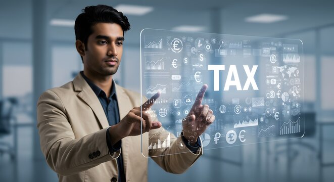 Businessman Interacting with Futuristic Tax and Finance Data Interface - Powered by Adobe